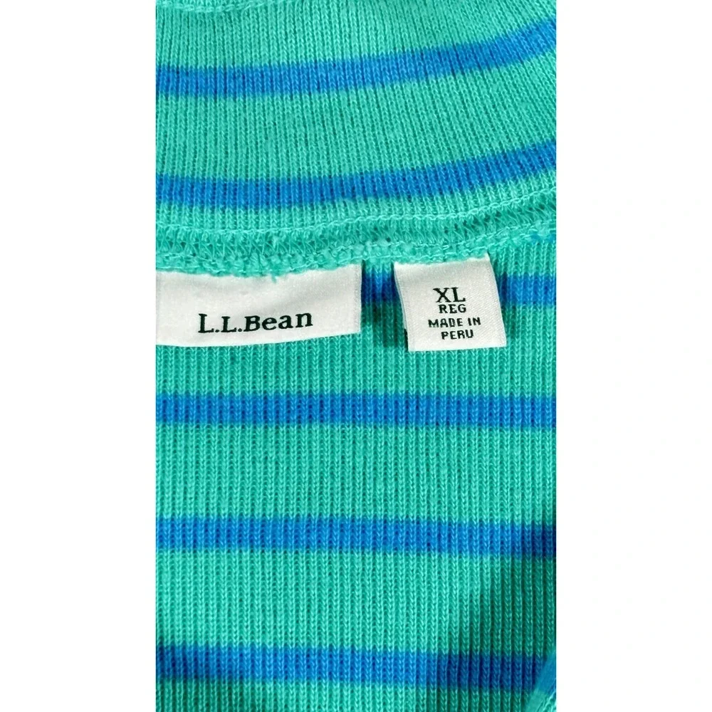LL Bean Sweater Womens XL Green Blue Striped‎ 1/4 Zip Mock Neck Knit Pullover